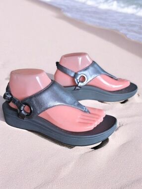 VIONIC (8) JOLIE Gun Medal Silver Metallic T-Strap Podiatrist Designed Footbed